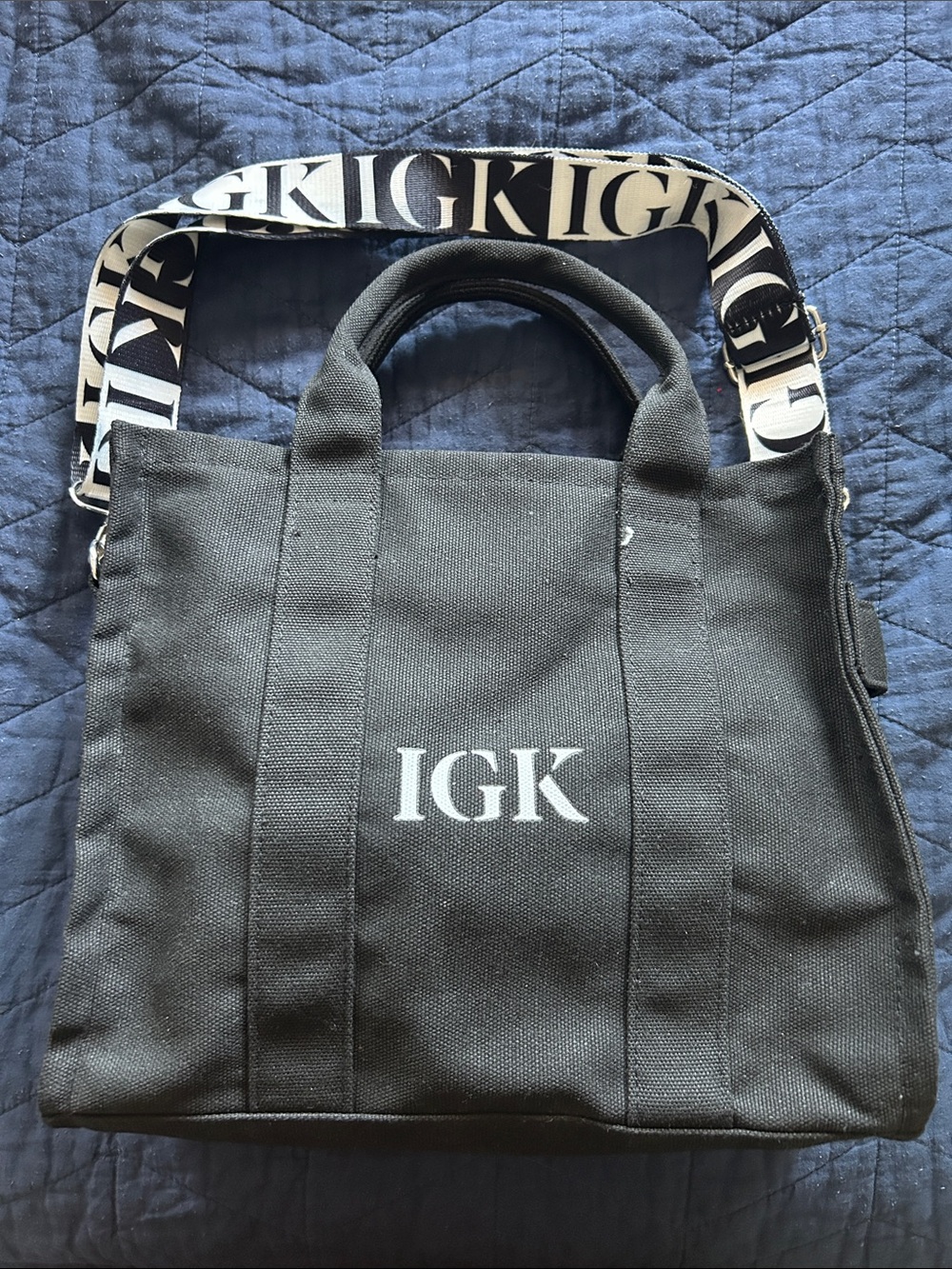 IGK Black Canvas Tote Bag with Logo Strap